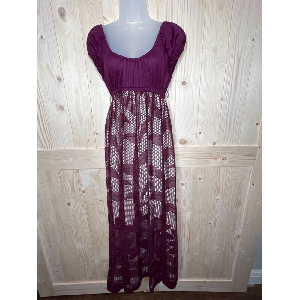 Vintage 70s Young Edwardian By Arpeja Red Wine Purple Floral Lace Maxi‎ Dress 7